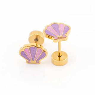 Sparkle Seashell Studs - Pink Purple Gold