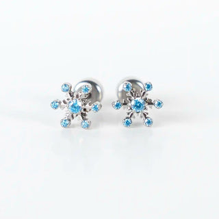 Snowflake Studs Blue CZ Polished Titanium
