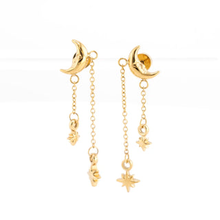 Crescent Moon & Star Dangle Studs