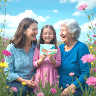 Three generations of women sitting together in a field of flowers, holding a colorful gift certificate for $50.
