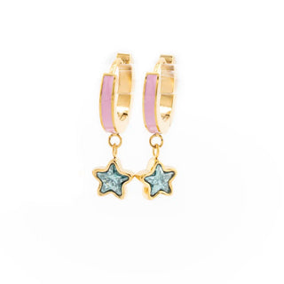 Crystal Star Enamel Huggie Hoops – Pink & Aquamarine
